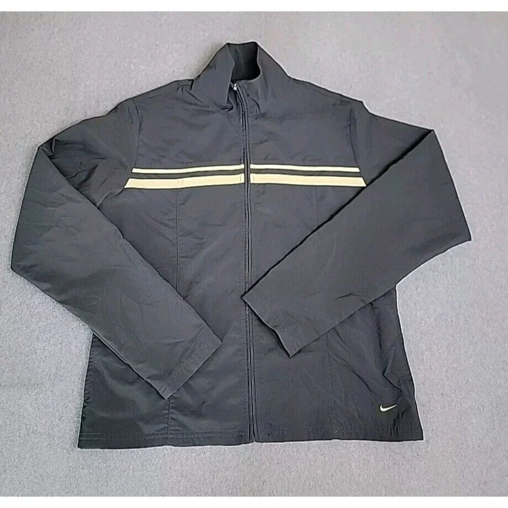 Nike Jacket Womens‎ L Black Stripe Full Zip  Pockets Lightweight Running Swoosh